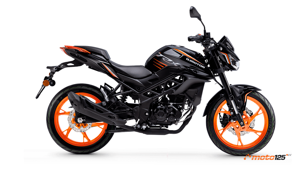 QJ Motor TRX 125 negra llanta naranja